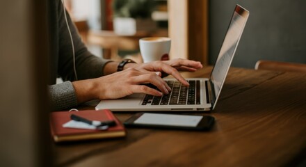 Person typing on laptop at wooden table with notebook and smartphone