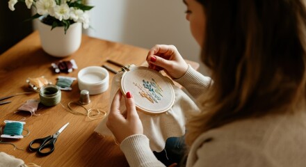 Woman embroidering floral design with thread on hoop