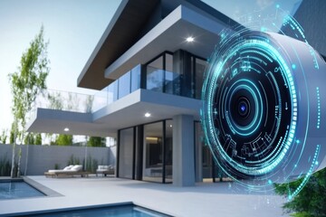 The cutting-edge entryway of a stylish home showcases smart security features like cameras, motion sensors, and a fingerprint scanner. Generative AI