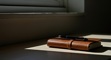 Leather-bound journal with pen on desk, partly lit by sunlight from window