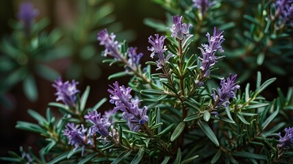Obraz premium Close-up of blooming purple lavender flowers with green leaves.