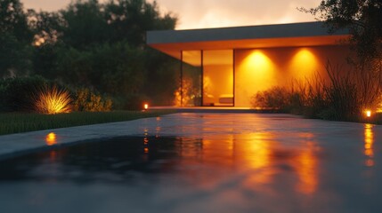 Modern house with a pool and lit up with warm yellow lights at dusk.