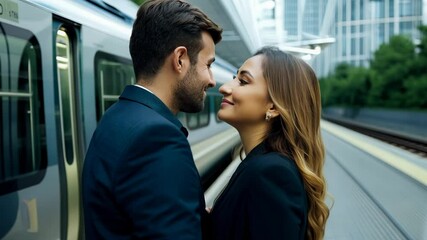 A young couple embraces warmly at a train station, filled with emotions as they say goodbye. The moment captures their love and the bittersweet nature of their parting.