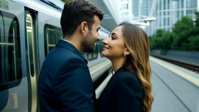 A young couple embraces warmly at a train station, filled with emotions as they say goodbye. The moment captures their love and the bittersweet nature of their parting.