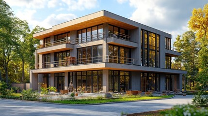 Fototapeta premium Modern house, glass, wood, autumn.