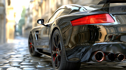 A Black Sports Car Parked in a Cobblestone Alley, with a Shiny, Reflective Finish