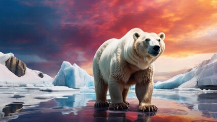 A majestic polar bear stands on a frozen sea with a vibrant sunset sky and icebergs behind it.