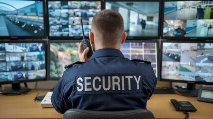 A security guard is sitting at a desk with multiple monitors and a cell phone. The security guard is wearing a blue shirt with the word security on it