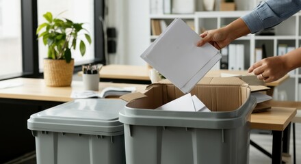 Person disposing of documents in recycling bin office setting
