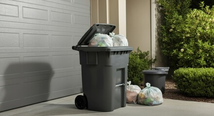 Outdoor trash cans filled with garbage bags by garage in residential area