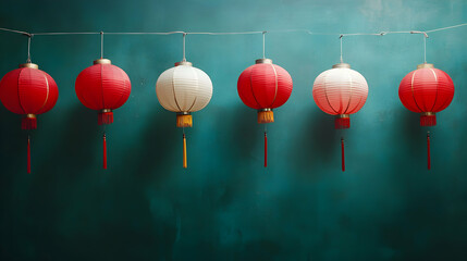 Red and White Chinese Lanterns Hanging on a String Against a Teal Wall, a Traditional Festive Decoration for Lunar New Year Celebrations