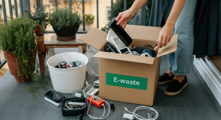 Person organizing electronic waste for recycling on balcony Various e-waste items placed in cardboard box