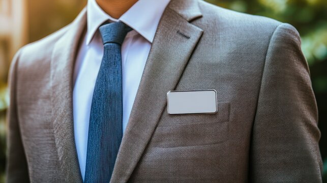 Close-Up of a Man in Suit with Blank Name Tag