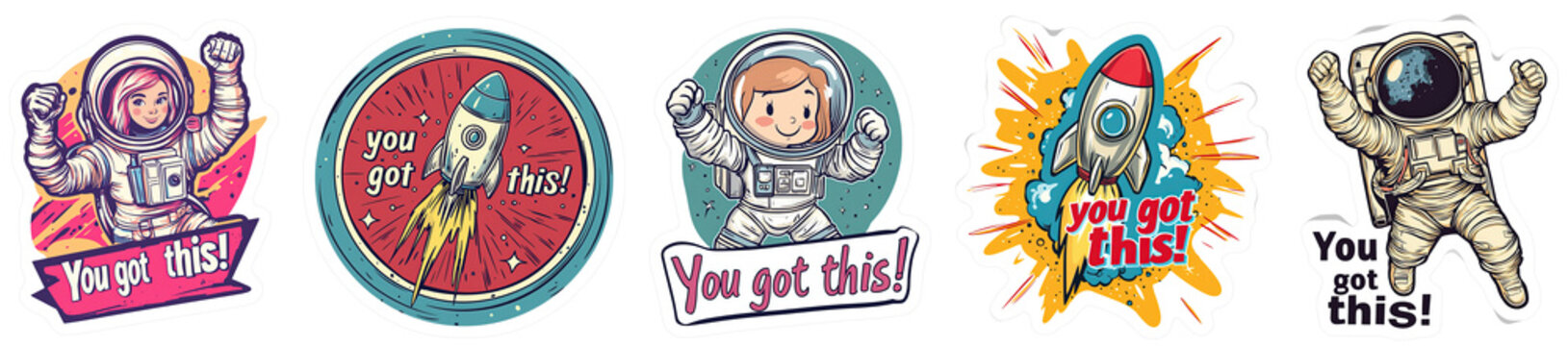 Space-themed motivational sticker set featuring 'You Got This' and astronaut designs. Perfect for planners, laptops, or journals to spark inspiration and fun for kids and adults alike