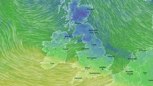 Wind Movement On The Map Of UK, Loop Video