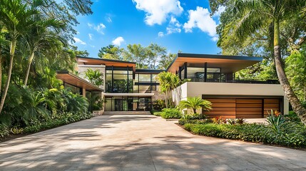 Elegant modern mansion exterior with lush landscaping and a beautiful driveway, showcasing luxury architecture and tropical surroundings.