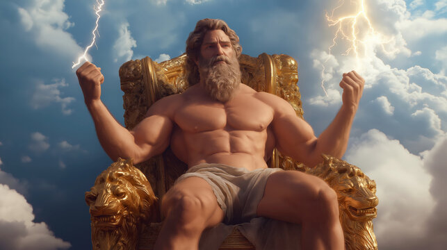 Zeus seated on a golden throne amidst stormy clouds holding lightning bolts in hand