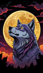 a wolf with a purple hue, looking up at the sky with a full moon in the background. It appears to be a stylized digital artwork.