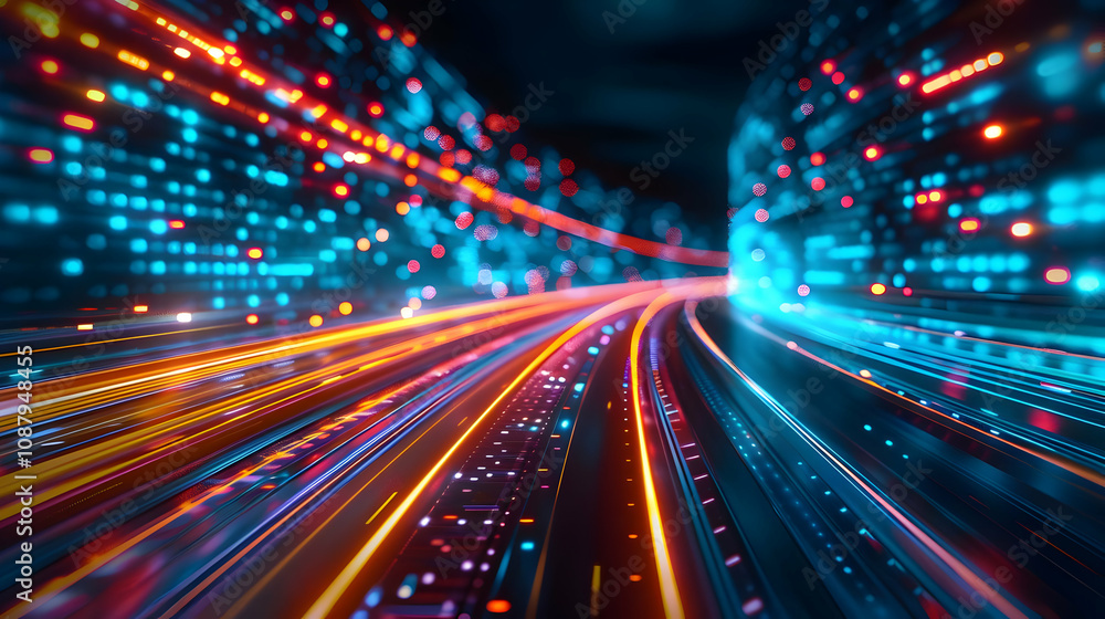 Poster abstract 3d digital highway: glowing trails of light and data streams, representing fast data transf
