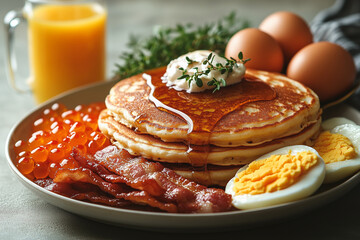 Delicious breakfast spread featuring fluffy pancakes, crispy bacon, and eggs