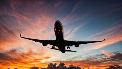 Airplane flying through the sky during sunset. The plane is red and black. The sky is dark blue...