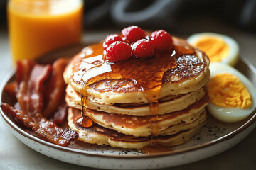 Delicious breakfast spread featuring fluffy pancakes with syrup, eggs, and bacon