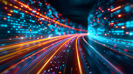 Fototapeta premium Abstract 3D Digital Highway: Glowing Trails of Light and Data Streams, Representing Fast Data Transfer and Technological Advancement