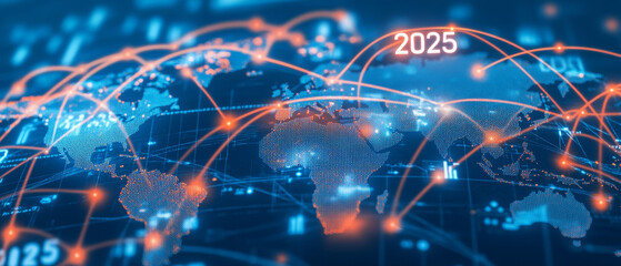 Obraz premium Futuristic digital world map with glowing connections and 2025