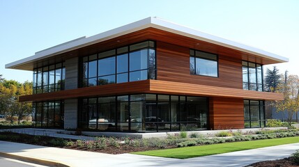 Modern office building with wood siding and large windows.