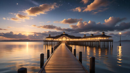 Obraz premium pier with deck at sunset with water views