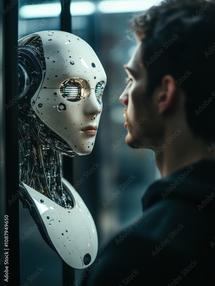 Aufkleber a human stares intently at a digital mirror, which shows a lifelike robot as the reflection in a mod