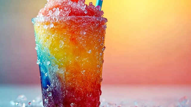 A colorful drink in a cup with a straw. The drink is a mix of different colors and is served in a plastic cup