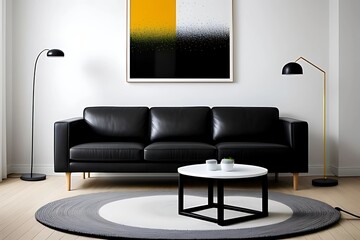 Modern Living Room: Black Leather Sofa, White Coffee Table, Abstract Art & Floor Lamps with Round Rug.