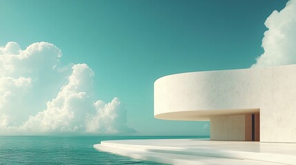 Modern white building with curved roof overlooking ocean with blue sky and white clouds.