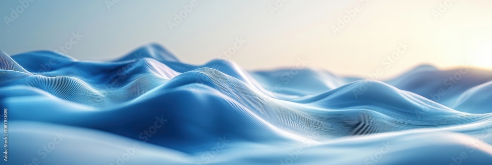Poster tech concept depicted in futuristic digital landscape with flowing wave patterns on gradient blue ba