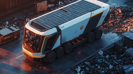 A solar-powered waste collection vehicle operates in a modern urban environment at sunset, efficiently picking up trash amidst scattered debris. The blend of innovation and sustainability is evident.