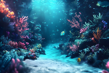 Ethereal Underwater Scene with Coral Reefs and Colorful Fish in Aquatic Awe Turquoise Light