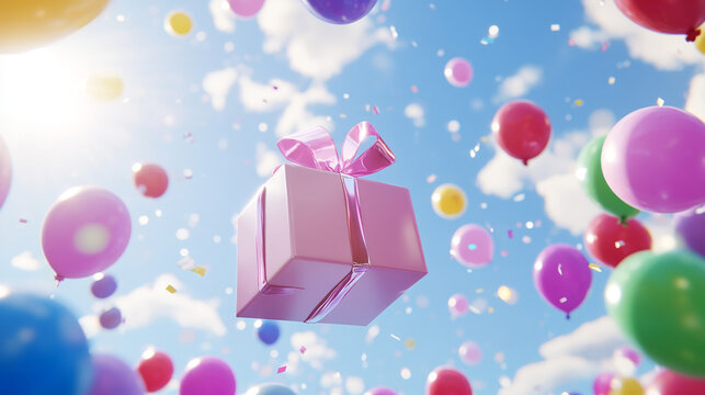 Pink gift box with shiny ribbon among colorful balloons