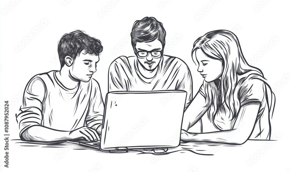 Poster three people working together in front of a computer, a simple line drawing illustration with a whit