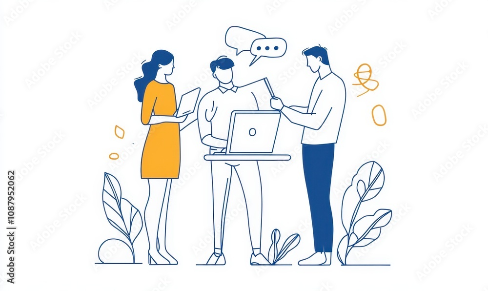 Poster one-line drawing of three people in business attire standing around an open laptop, discussing and w