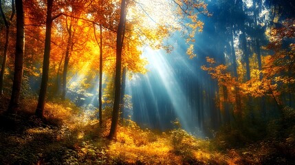 Fototapeta premium Dense forest trees in bright autumn colors