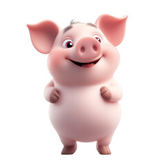 Cute 3d cartoon pig smiles on transparent background.