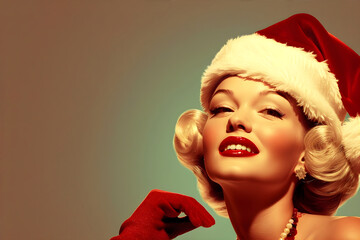 Retro style Christmas illustration of a woman in santa claus hat on the blue background. Old style postcard, poster for Christmas or New Year celebration.