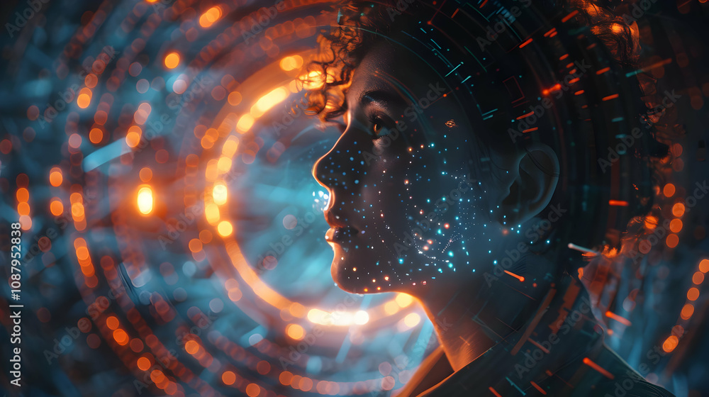Aufkleber digital face: futuristic abstract background with glowing lights and data streams, person profile in