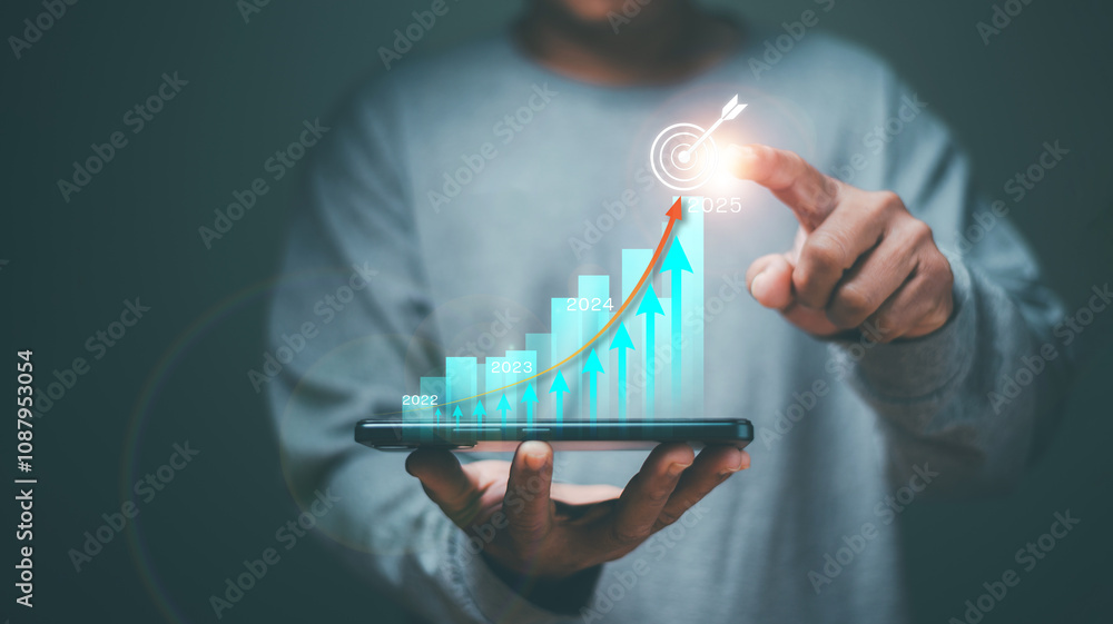 Poster investment analysis for business growth to the target. businessman holding smartphone with analyze f