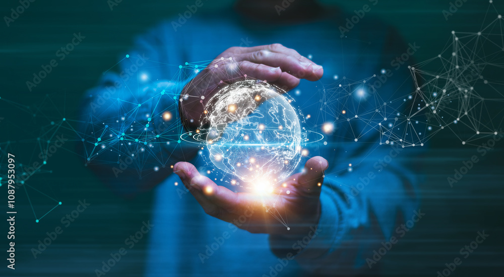 Fototapete media and data connection for business concept, digital link tech, businessman's hands holding globa