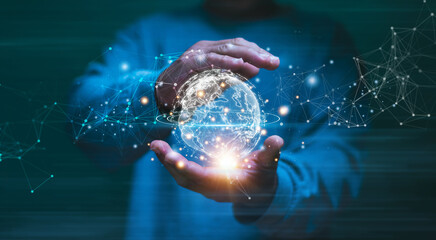 Media and data connection for business concept, Digital link tech, Businessman's hands holding global technology and media digital network connection, Big data analytics and business intelligence.
