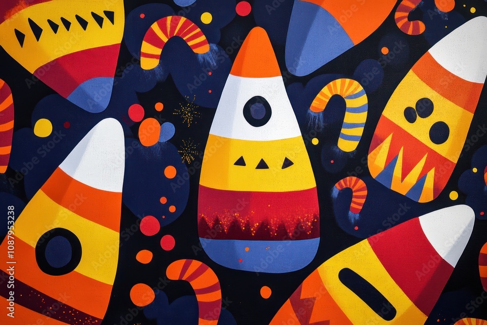 Poster a colorful pattern of candy corn and candy canes on a dark background with fireworks in the backgrou