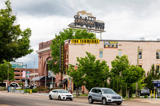 CHATTANOOGA, TN, USA-9 MAY 2021: View toward the Chattanooga Choo Choo Hotel showing the Brewhouse next door.  Good view of rooftop "Choo-Choo" train sign.