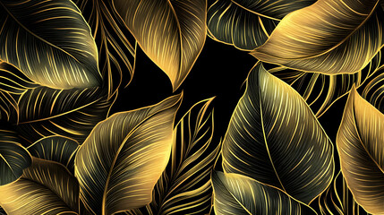 Golden Leaves on a Black Background, Elegant Tropical Pattern, Luxury Design, Nature Artwork, Botanical Illustration